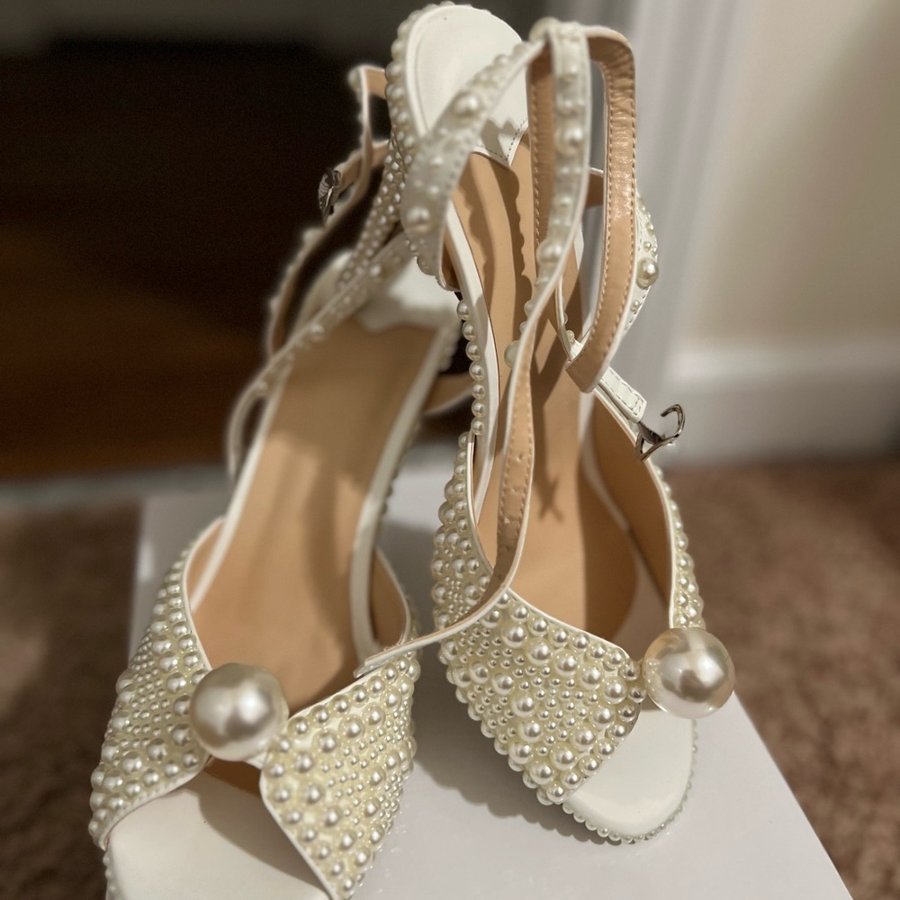 Elegant Pearl-Embellished White Heels